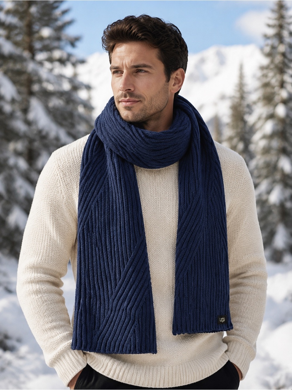 UGG Navy Blue Ribbed Wool Blend Scarf Unisex One Size NWOT